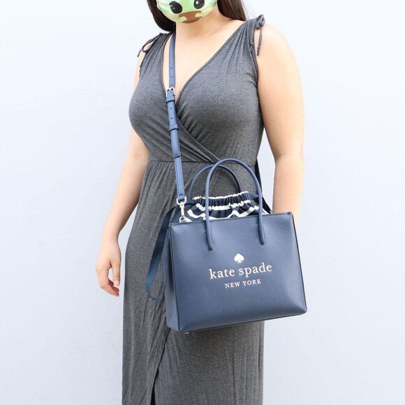 NWT Kate Spade TRISTA Leather Sam Bag Tote w Bow Tie Navy - Picture 13 of 14